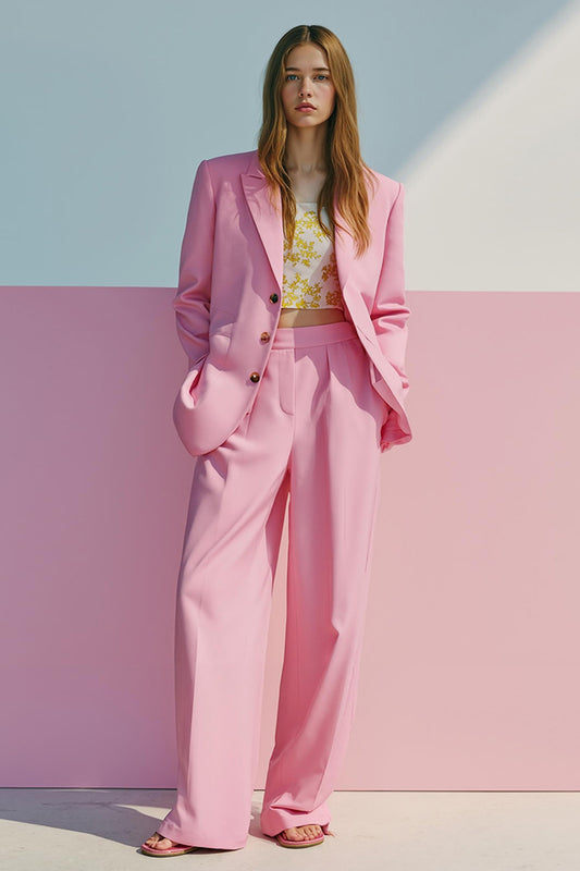 Pink 2 Piece Single Breasted Satin Prom Suits with Pockets