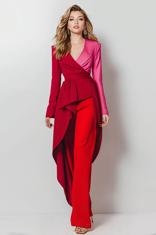 Red 2 Piece Shawl Lapel Satin Women Prom Suits with Sleeves