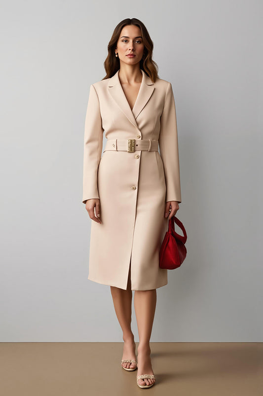 Champagne Notched Lapel Pencil Midi Blazer Dress with Belt