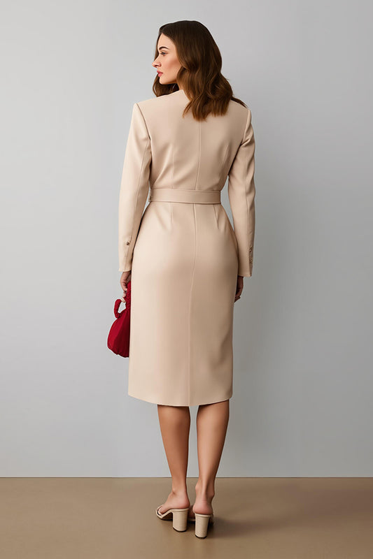 Champagne Notched Lapel Pencil Midi Blazer Dress with Belt