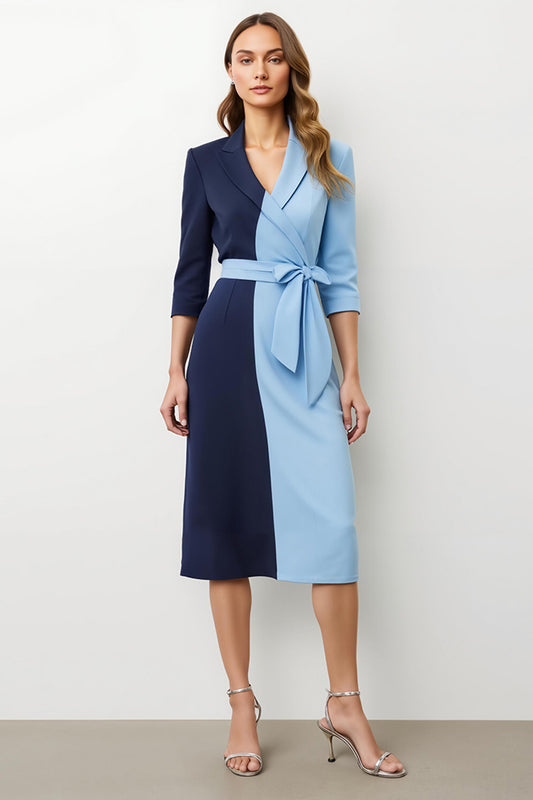 Navy Blue Peak Lapel Patchwork Midi Blazer Dress with Bow