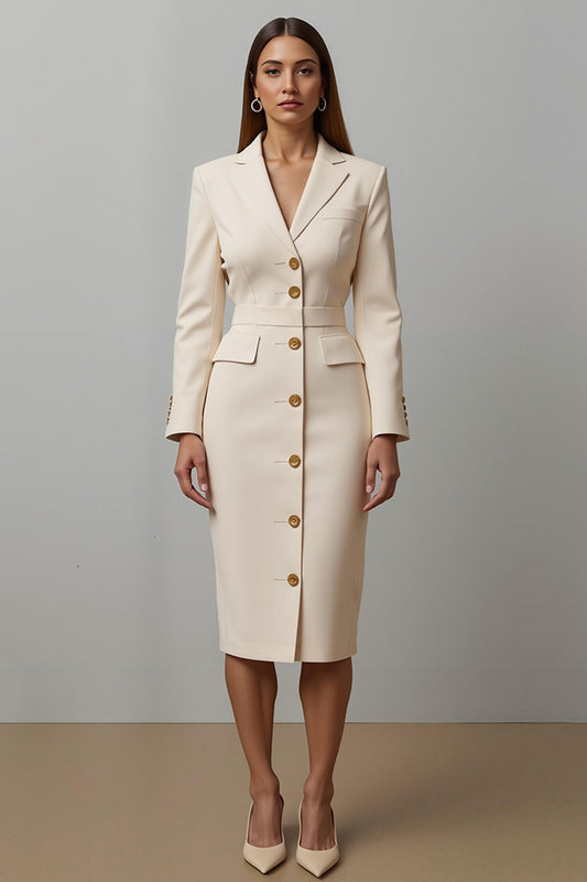 Champagne Notched Lapel Pencil Midi Blazer Dress