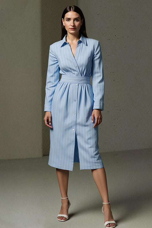 Blue Collar Neck Pencil Single Breasted Midi Shirt Dress