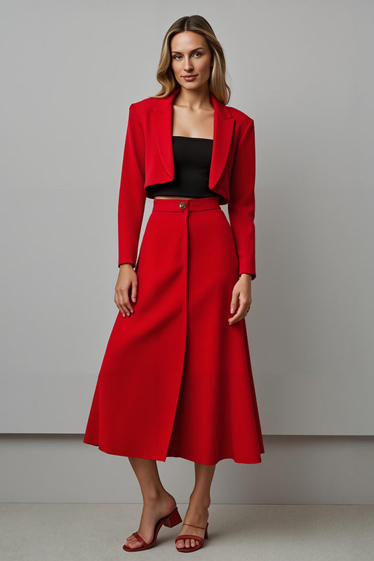 Red 2 Piece A Line Notched Lapel Midi Prom Suits