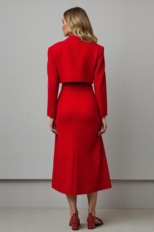 Red 2 Piece A Line Notched Lapel Midi Prom Suits