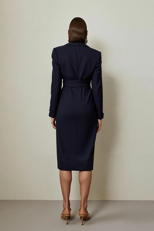 Navy Pencil Notched Lapel Ruched Midi Blazer Dress