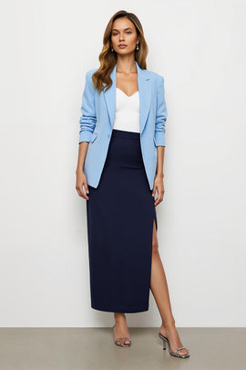 Navy Blue Notched Lapel Pencil 2 Piece Long Business Suits with Slit