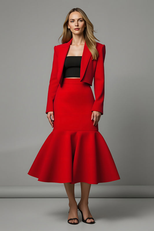 Red Mermaid Satin 2 Piece Midi Prom Suits