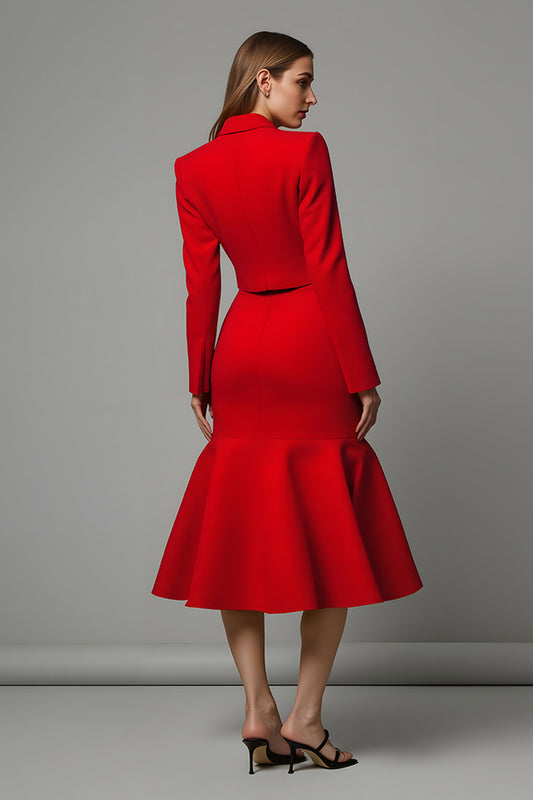 Red Mermaid Satin 2 Piece Midi Prom Suits