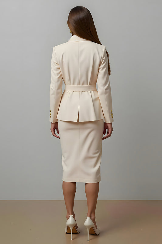 Ivory 2 Piece Notched Lapel Pencil Midi Business Suits with Sash
