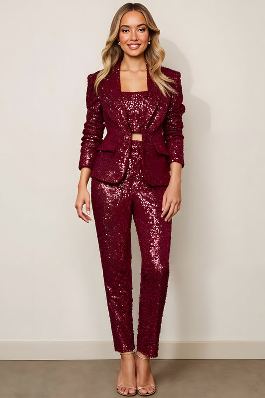 Sparkly Burgundy 2 Piece Sequins Women Prom Suits