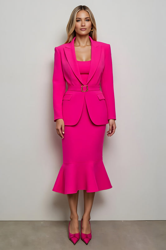 Fuchsia 2 Piece Peak Lapel Midi Women Prom Suits with Belts
