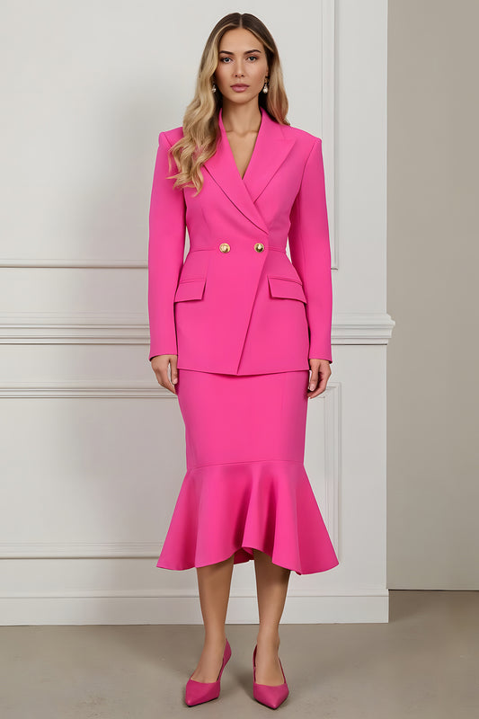 Fuchsia Peak Lapel 2 Piece Mermaid Midi Women Prom Suits