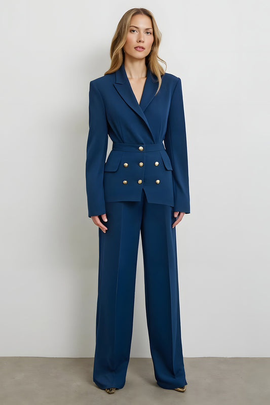 Dark Blue Double Breasted 2 Piece Satin Business Suits