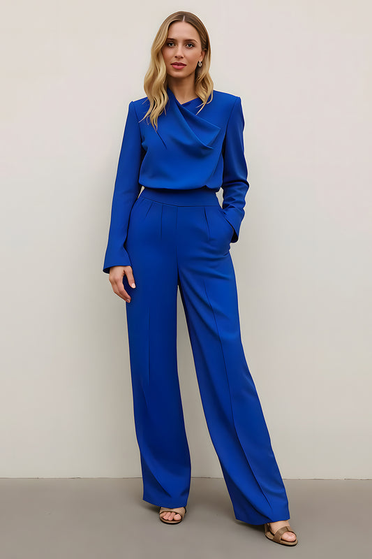Royal Blue 2 Piece Satin Business Suits with Pockets