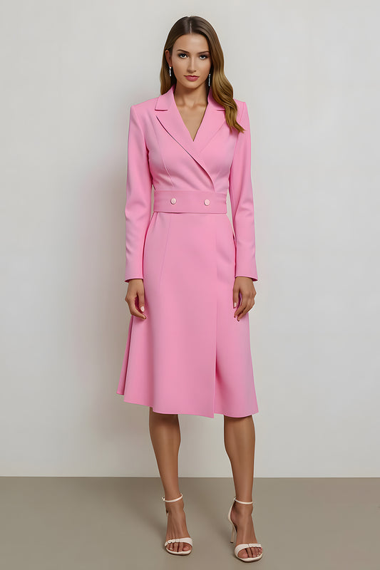 Pink Pencil Notched Lapel Midi Blazer Dress with Belt