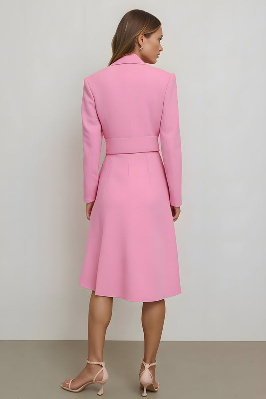 Pink Pencil Notched Lapel Midi Blazer Dress with Belt