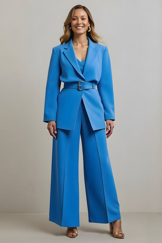 Blue Notched Lapel 2 Piece Women Prom Suits with Belts