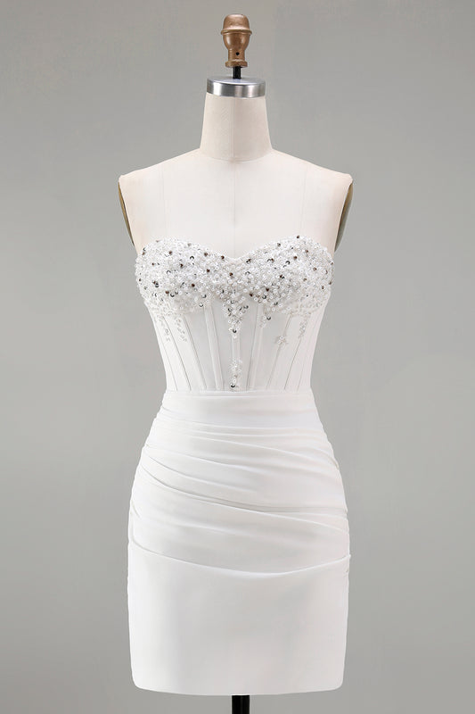 Sparkly White Sweetheart Short Tight Homecoming Dress with Beading