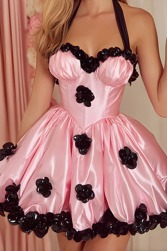 Pink Satin A-Line Short Corset Homecoming Dress with 3D Flowers