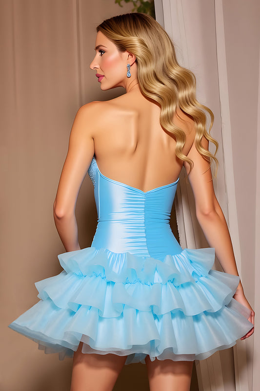 Sparkly Blue Corset Tiered Short Homecoming Dress with Beading