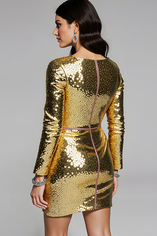 Sparkly Golden Sequin V-Neck Short Homecoming Dress with Sleeves