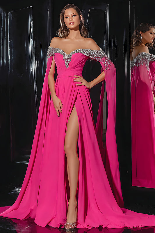 Sparkly Fuchsia Off the Shoulder A Line Long Prom Dress with Slit