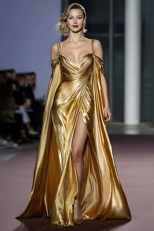 Golden Cold Shoulder Metallic Long Gala Dress with Slit