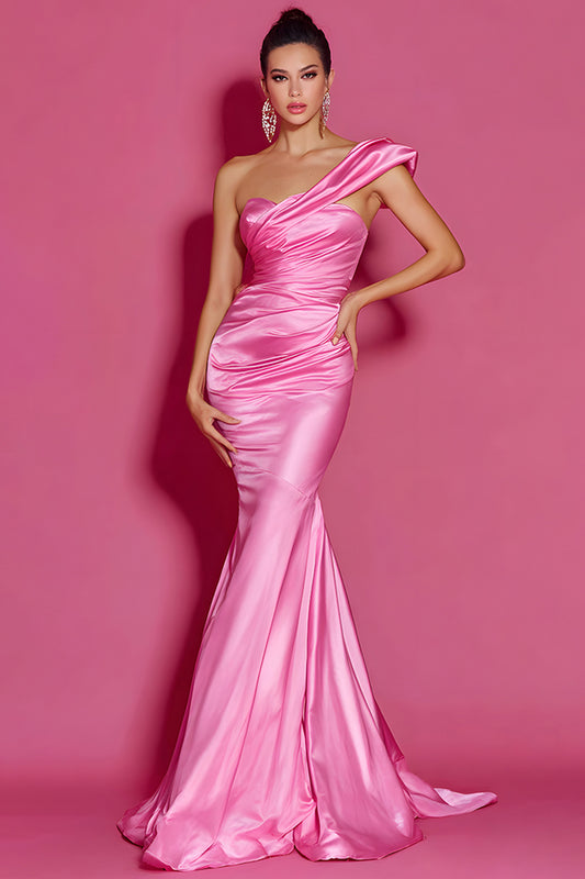 Hot Pink One Shoulder Long Mermaid Pageant Dress