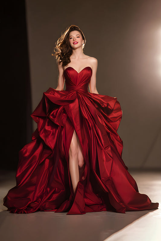 ZAPAKA Dark Red Satin Long Ruffled Pageant Dress with Slit Sweetheart Ball Gown Military Ball Dress