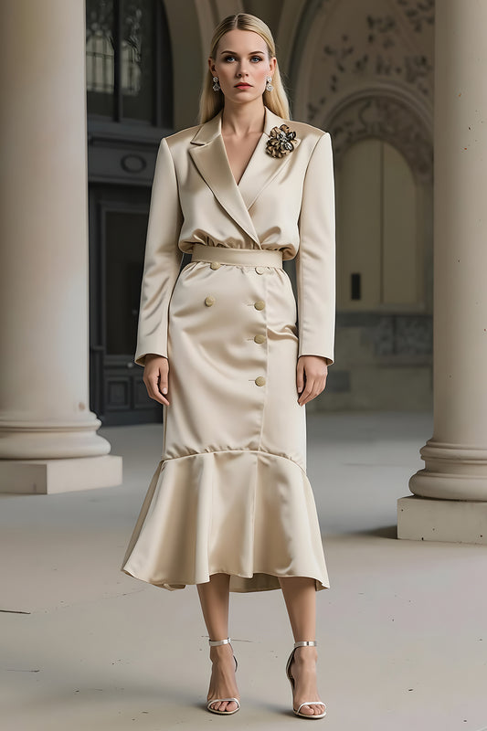 Champagne Notched Lapel Mermaid Midi Work Dress with 3D Flower