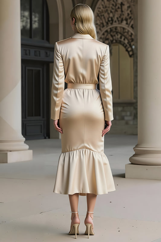 Champagne Notched Lapel Mermaid Midi Work Dress with 3D Flower