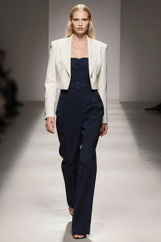 Ivory Navy 3 Piece Notched Lapel Business Suits