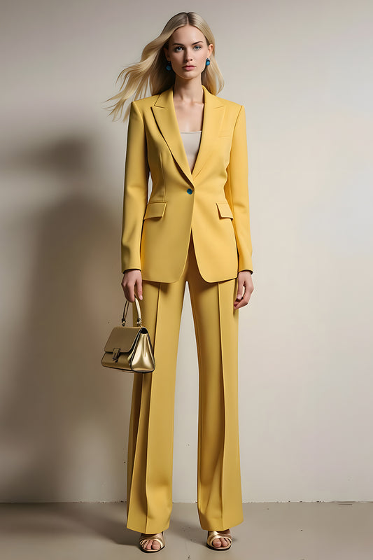 Yellow One Button 2 Piece Notched Lapel Business Suits