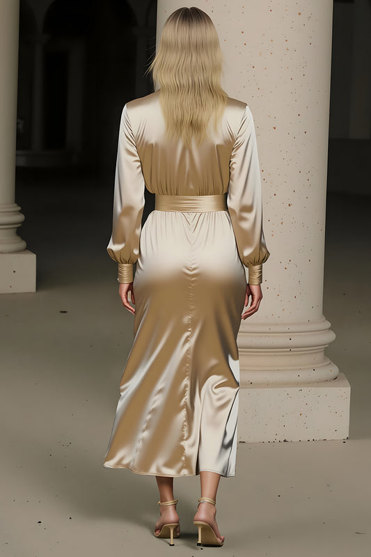 Champagne Notched Lapel Long Sleeves Midi Work Dress with Slit