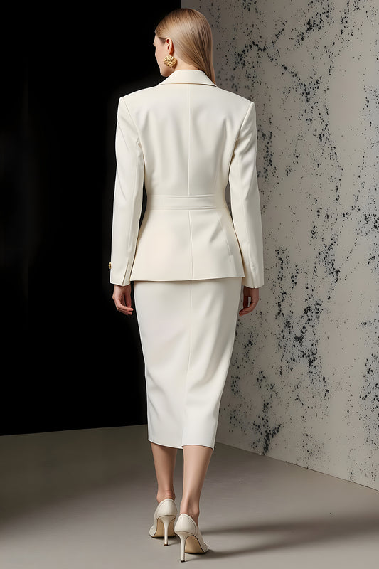 Ivory 2 Piece Peak Lapel Pencil Midi Business Suits