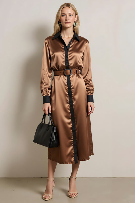 Coffee Collar Neck Long Sleeves Midi Work Dress with Belt