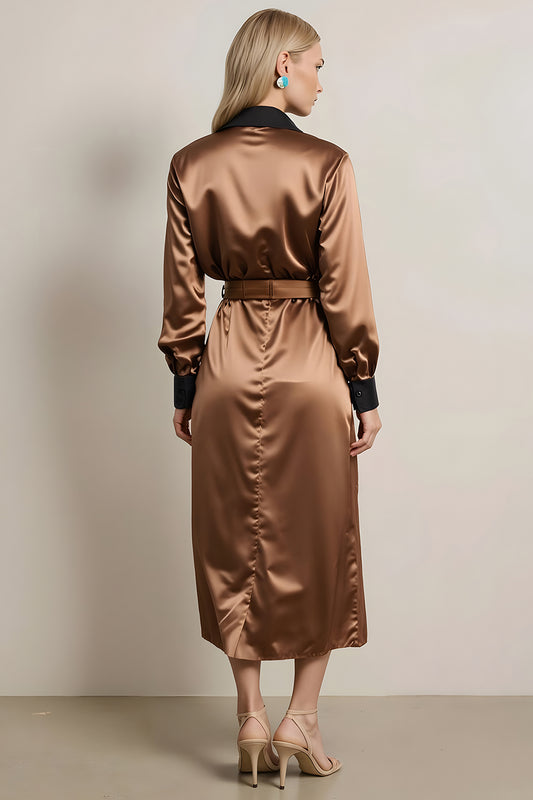 Coffee Collar Neck Long Sleeves Midi Work Dress with Belt