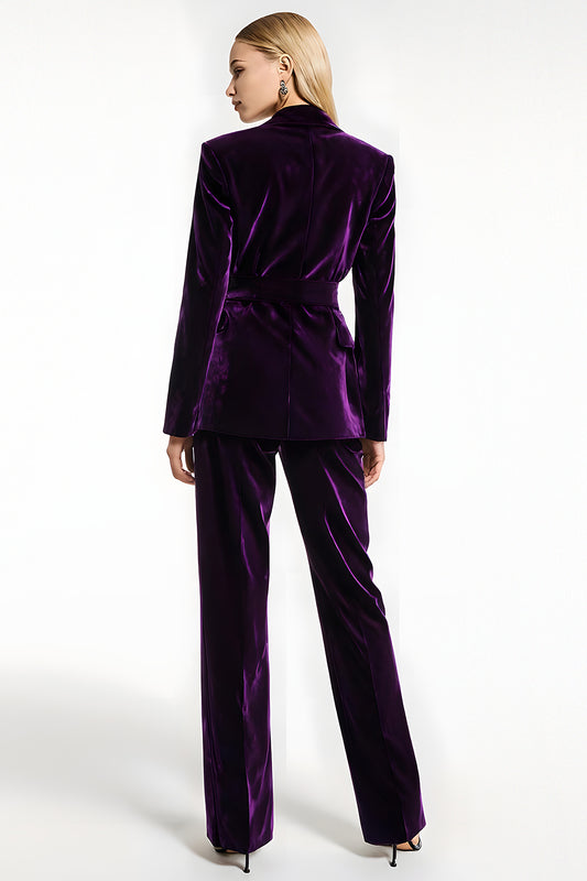 Dark Purple 2 Piece Peak Lapel Velvet Prom Suits with Pockets