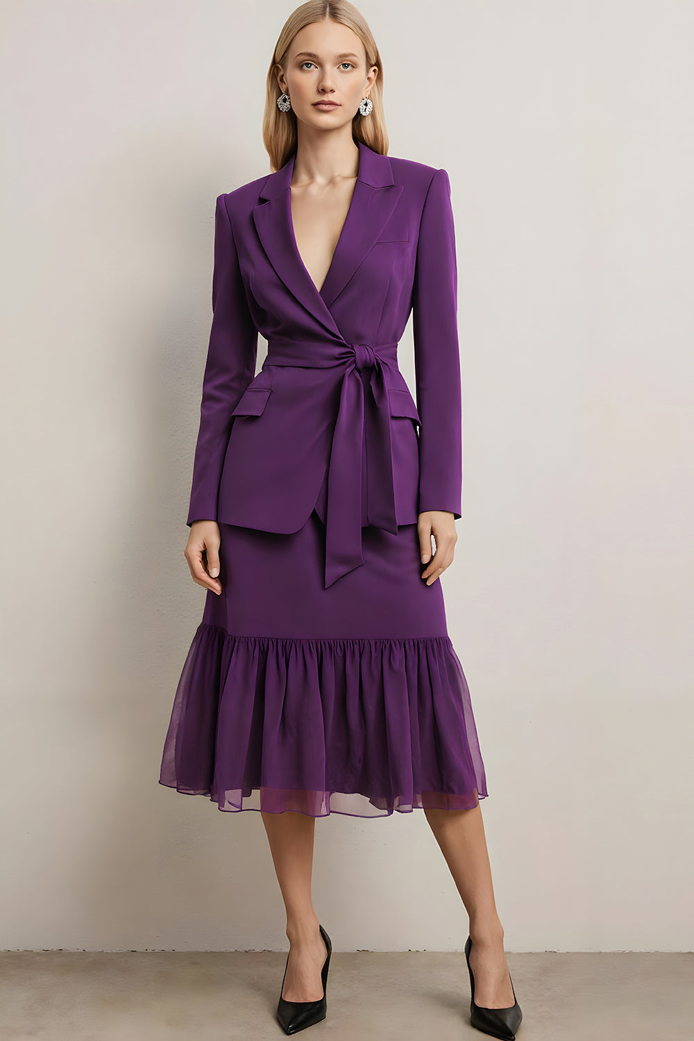 Dark Purple 2 Piece Notched Lapel Midi Business Suits with Sash Dark Purple 2 Piece Notched Lapel Midi Business Suits with Sash