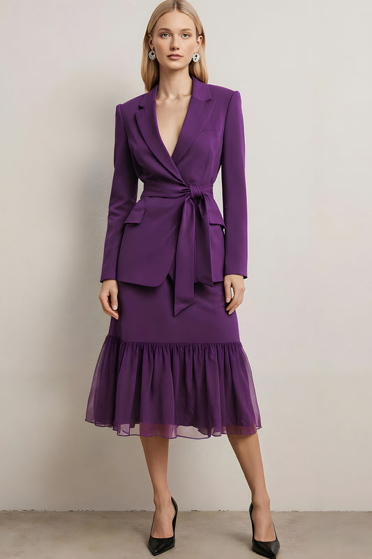 Dark Purple 2 Piece Notched Lapel Midi Business Suits with Sash