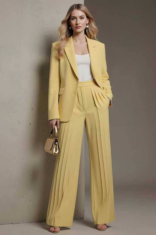 Yellow Pleated 2 Piece Notched Lapel Business Suits with Pockets