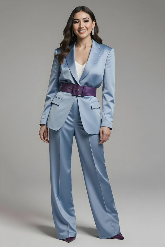 Grey Blue Long Sleeves Notched Lapel 2 Piece Business Suits with Belt