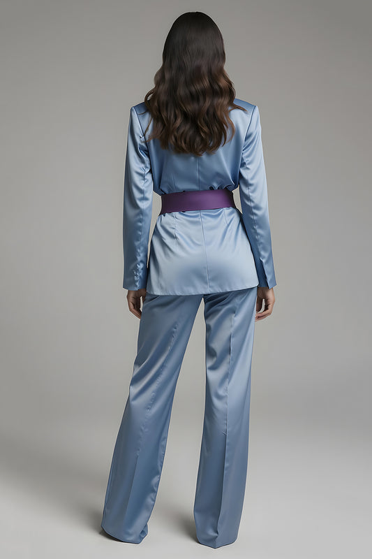 Grey Blue Long Sleeves Notched Lapel 2 Piece Business Suits with Belt