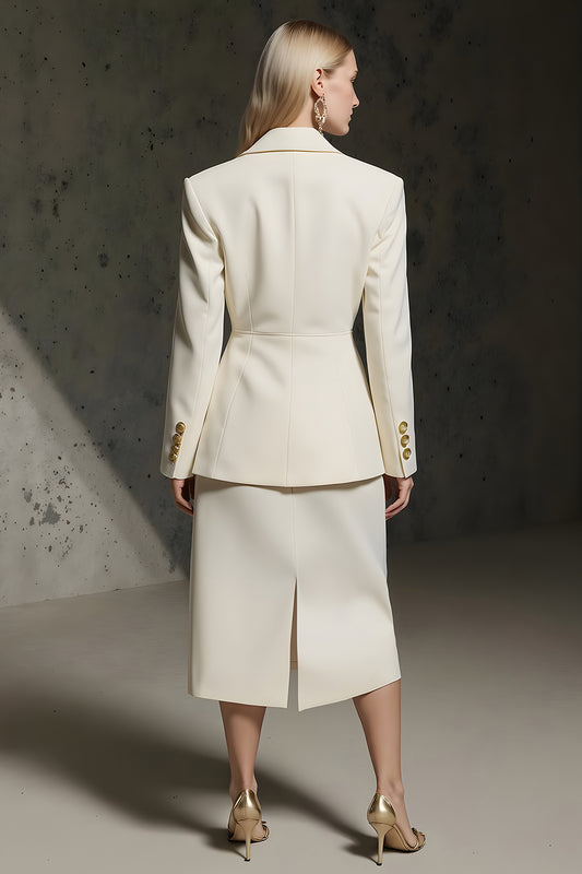 Ivory Double Breasted Pencil 2 Piece Midi Business Suits with Slit