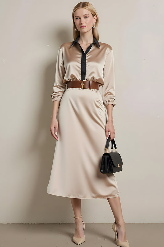 Champagne Long Sleeves Collar Neck Midi Work Dress with Belt
