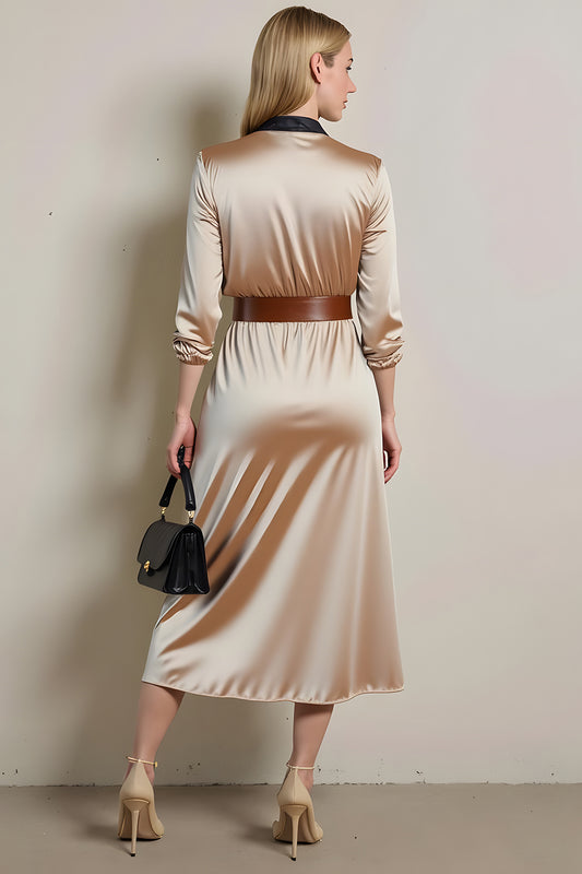 Champagne Long Sleeves Collar Neck Midi Work Dress with Belt
