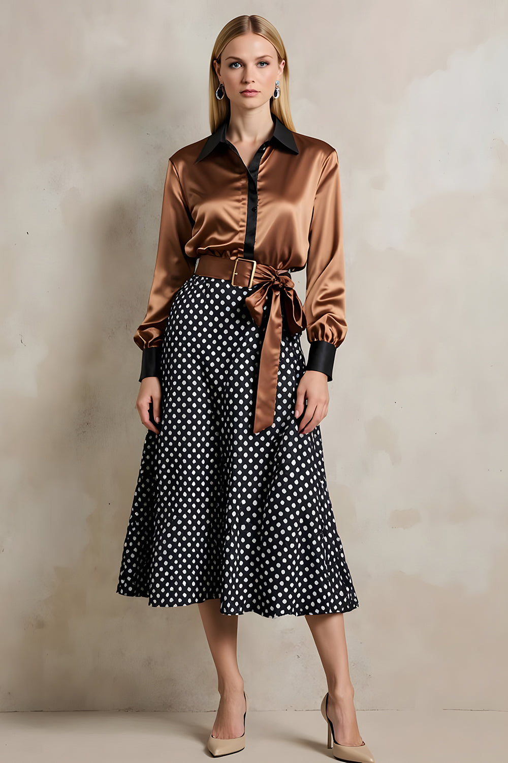 Brown Black Dots Collar Neck A Line 2 Piece Midi Workwear with Belt Brown Black Dots Collar Neck A Line 2 Piece Midi Workwear with Belt