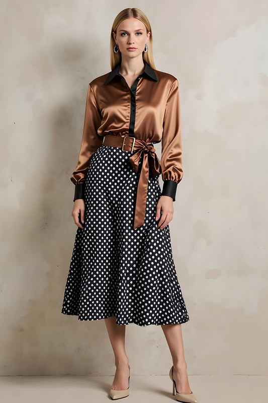 Brown Black Dots Collar Neck A Line 2 Piece Midi Workwear with Belt