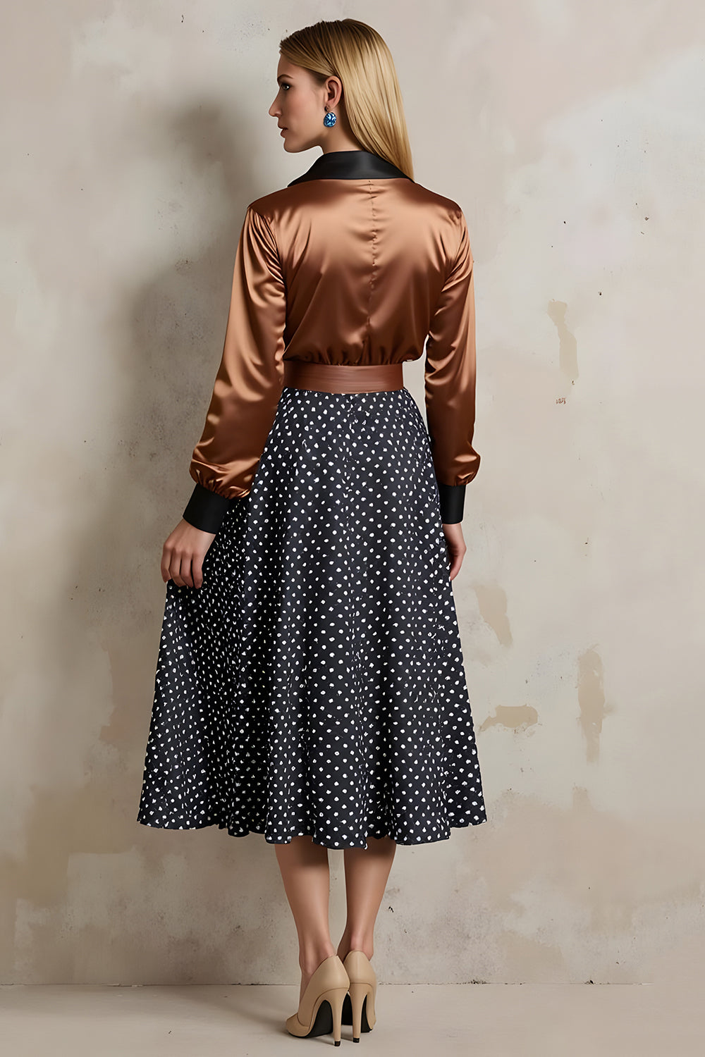 Brown Black Dots Collar Neck A Line 2 Piece Midi Workwear with Belt Brown Black Dots Collar Neck A Line 2 Piece Midi Workwear with Belt